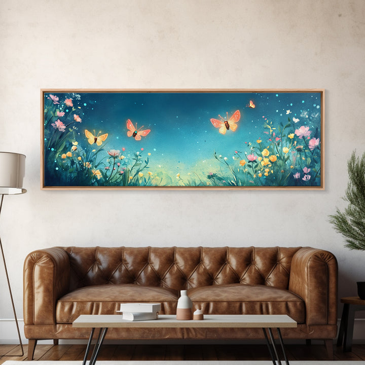 Butterflies Over Teal Wildflower Garden Wall Art, Whimsical Floral Canvas Print, Nursery Decor, Bedroom Wall Decor Gift