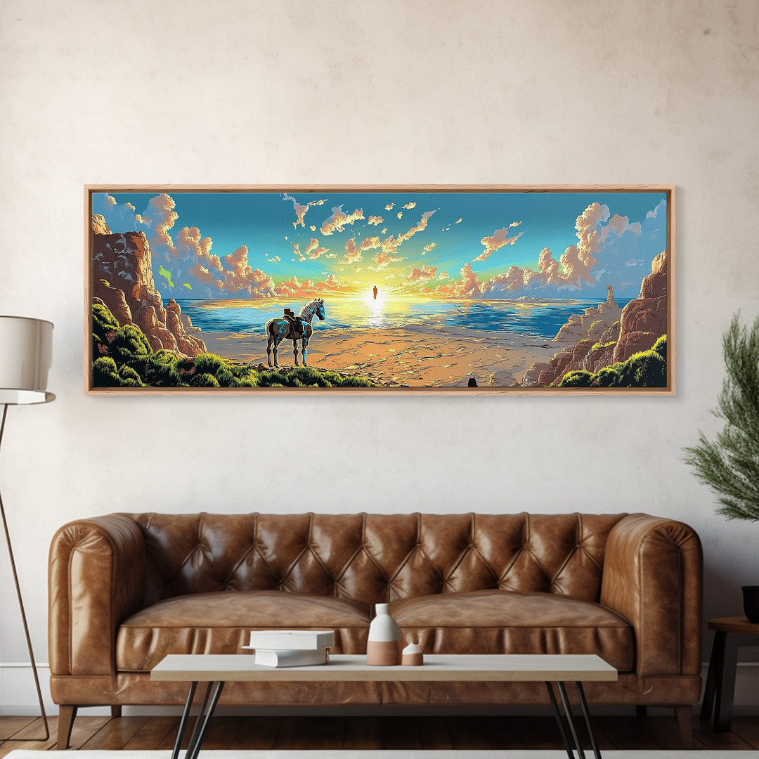 Lone Horse On Sunset Beach Wall Art, Coastal Landscape Canvas Print, Western Seascape Decor, Above Bed Wall Decor Gift Idea