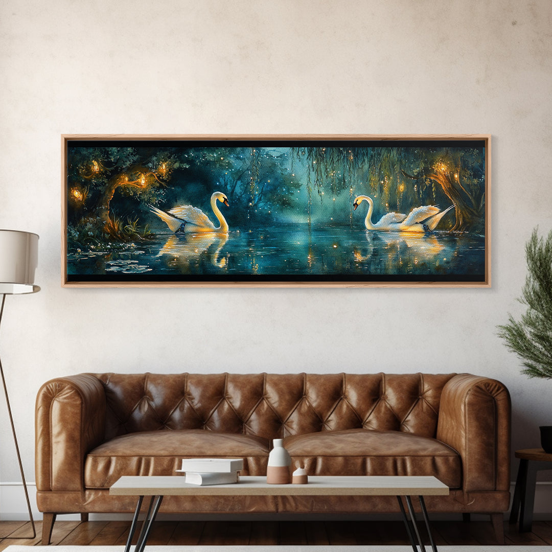 Moonlit Swans On Enchanted Pond Wall Art, Dark Botanical Framed Canvas Print, Romantic Bedroom Decor, Nature Wall Art Gift