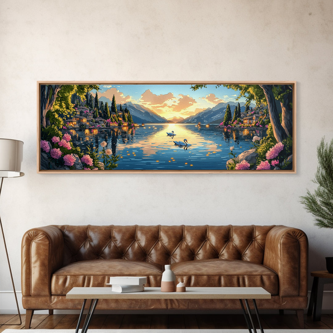 Italian Lake Sunset With Swans Framed Canvas Print, Romantic Coastal Wall Art, Mediterranean Decor, Large Living Room Art