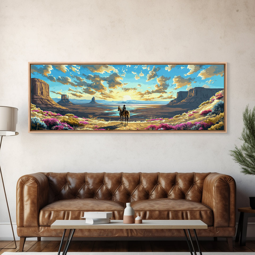 Western Desert Cowboy On Horse Framed Canvas Print, Monument Valley Wall Art, Southwestern Decor, Rustic Landscape Gift For Him