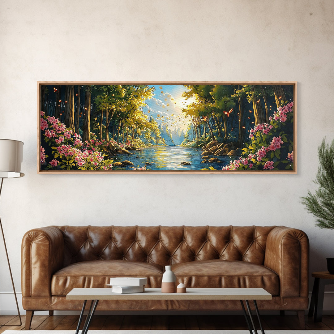 Enchanted Forest River With Flowers Canvas Print, Whimsical Wall Art, Nature Landscape Home Decor, Butterfly Gift For Her