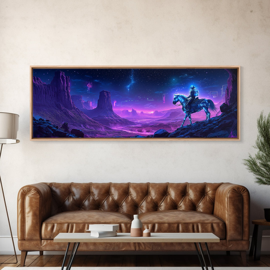 Neon Cyberpunk Cowboy In Desert Framed Canvas Print, Sci Fi Wall Art, Futuristic Western Decor, Gaming Room Gift For Him