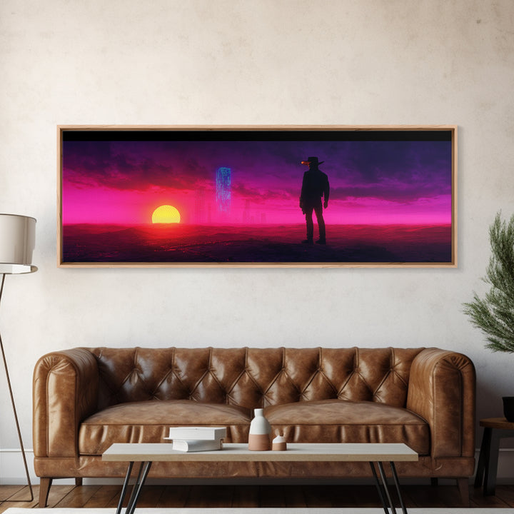 Neon Cowboy At Magenta Sunset Canvas Print, Cyberpunk Western Landscape, Futuristic Wall Decor, Gaming Room Art Gift For Him