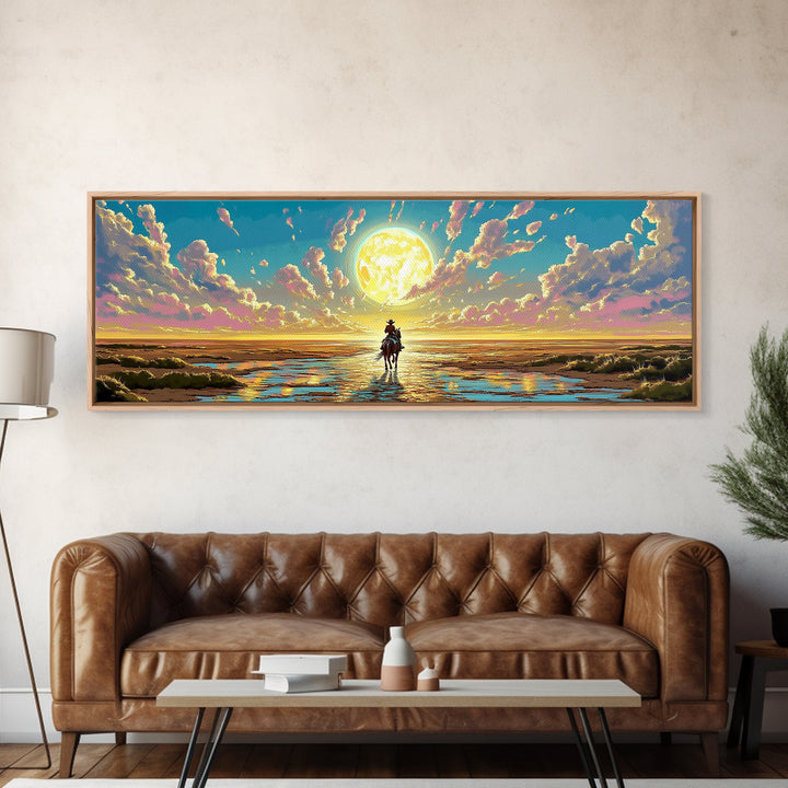 Solitary Rider Beneath Golden Moon Wall Art, Panoramic Western Landscape Print, Celestial Desert Decor, Above Bed Art Gift