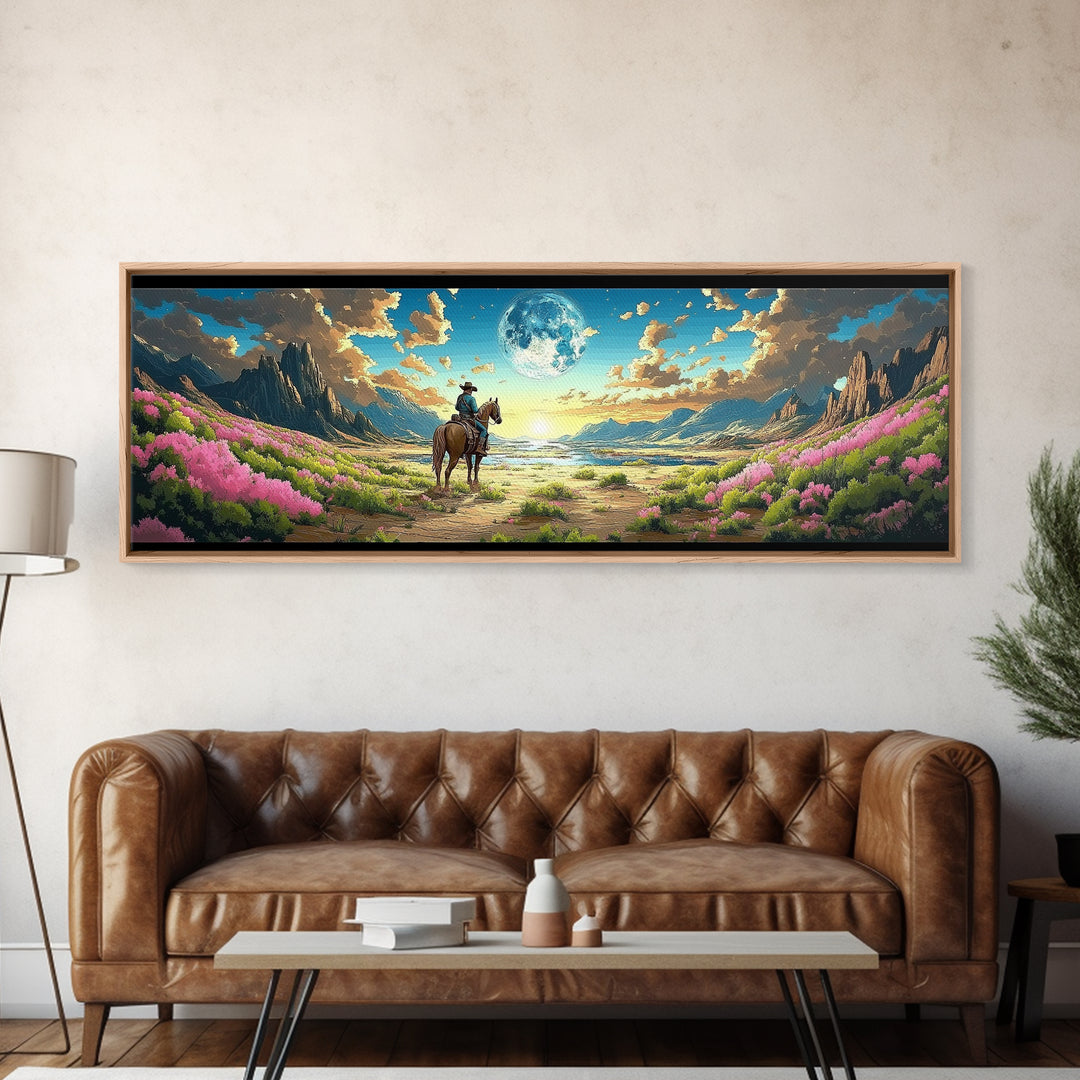 Cowboy On Horse In Moonlit Flower Valley Framed Canvas Print, Western Mountain Landscape, Pink Floral Wall Decor Gift For Her