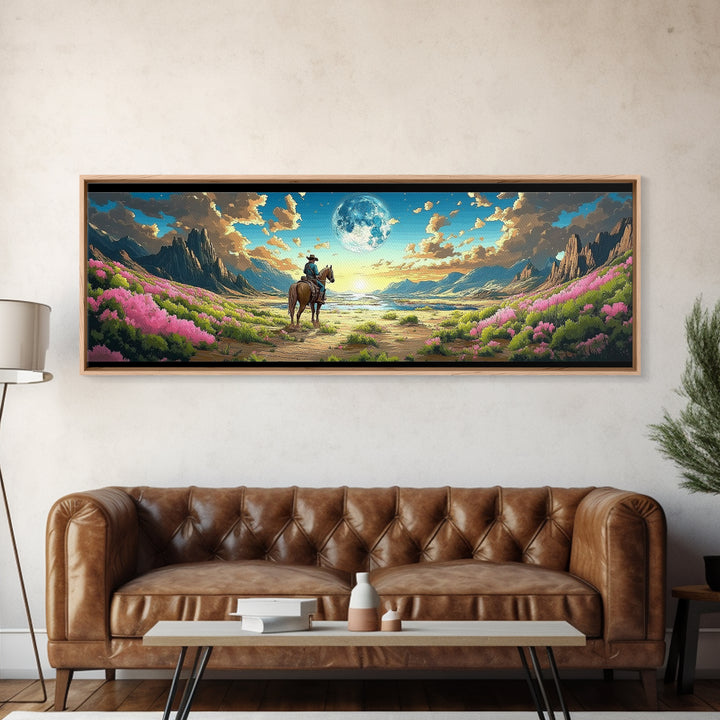 Cowboy On Horse In Moonlit Flower Valley Framed Canvas Print, Western Mountain Landscape, Pink Floral Wall Decor Gift For Her