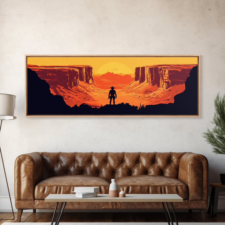 Cowboy Silhouette In Orange Desert Canyon Canvas Print, Retro Western Landscape, Southwestern Wall Decor, Man Cave Art Gift