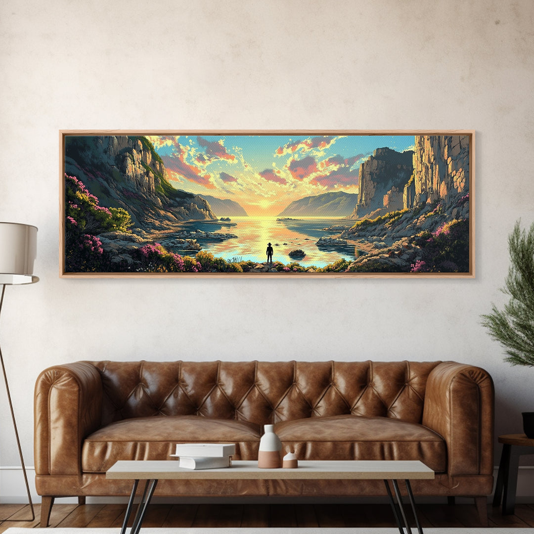 Lone Traveler At Golden Coastal Cliffs Framed Canvas Print, Serene Ocean Landscape, Panoramic Wall Decor For Living Room