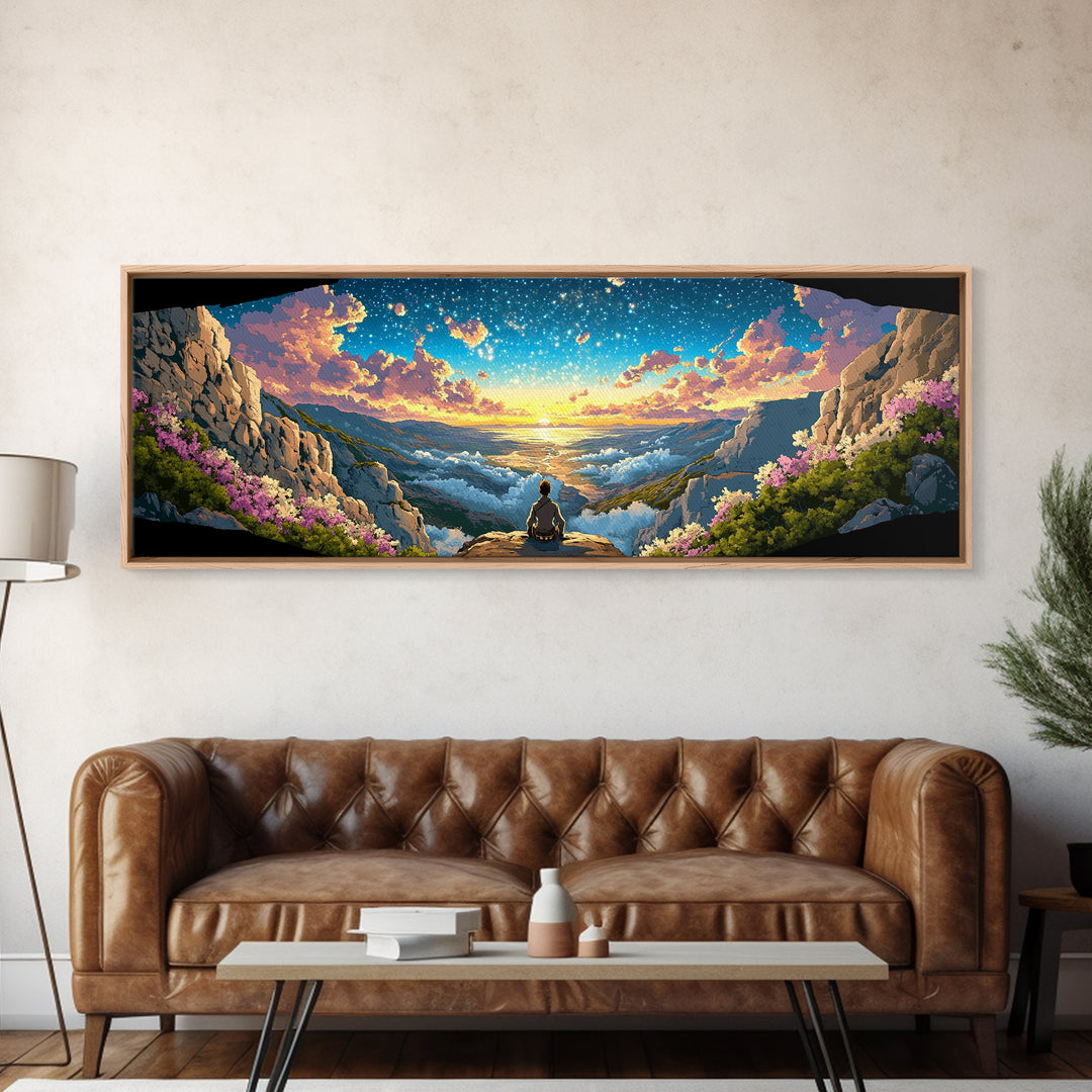 Meditating Figure Over Sunrise Mountain Valley Wall Art, Panoramic Fantasy Landscape Canvas Print For Living Room Decor Gift