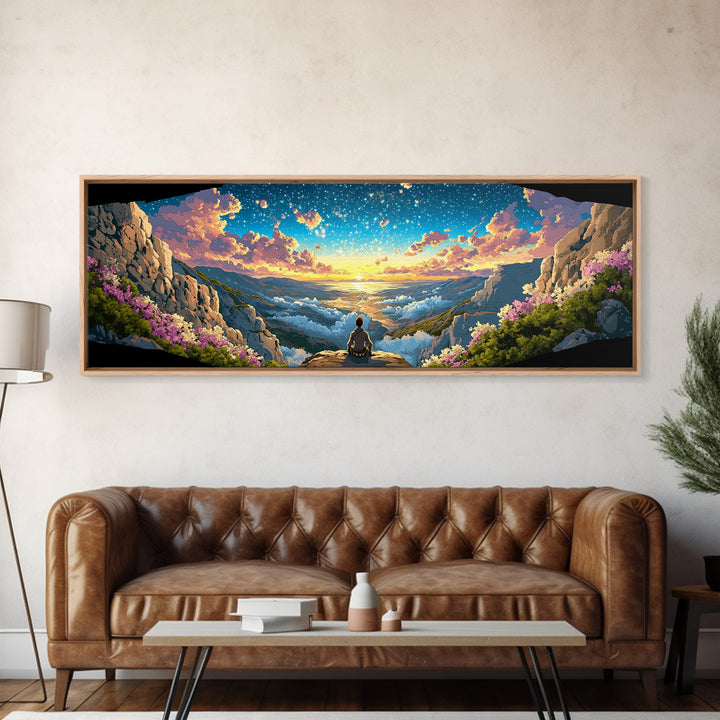 Meditating Figure Over Sunrise Mountain Valley Wall Art, Panoramic Fantasy Landscape Canvas Print For Living Room Decor Gift