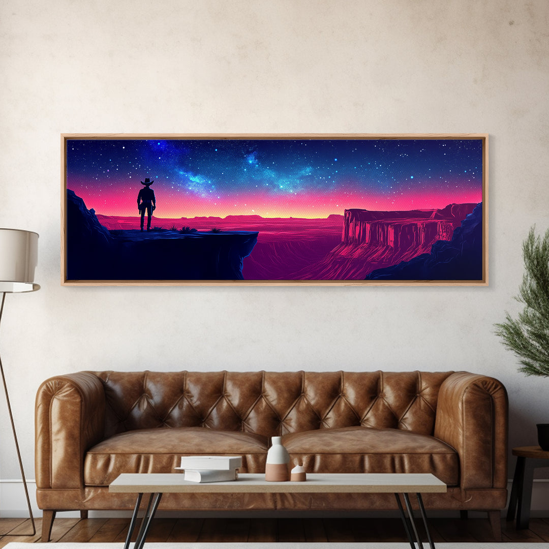 Antlered Traveler On Neon Desert Canyon Wall Art, Starry Night Western Fantasy Canvas Print For Game Room Decor, Housewarming Gift