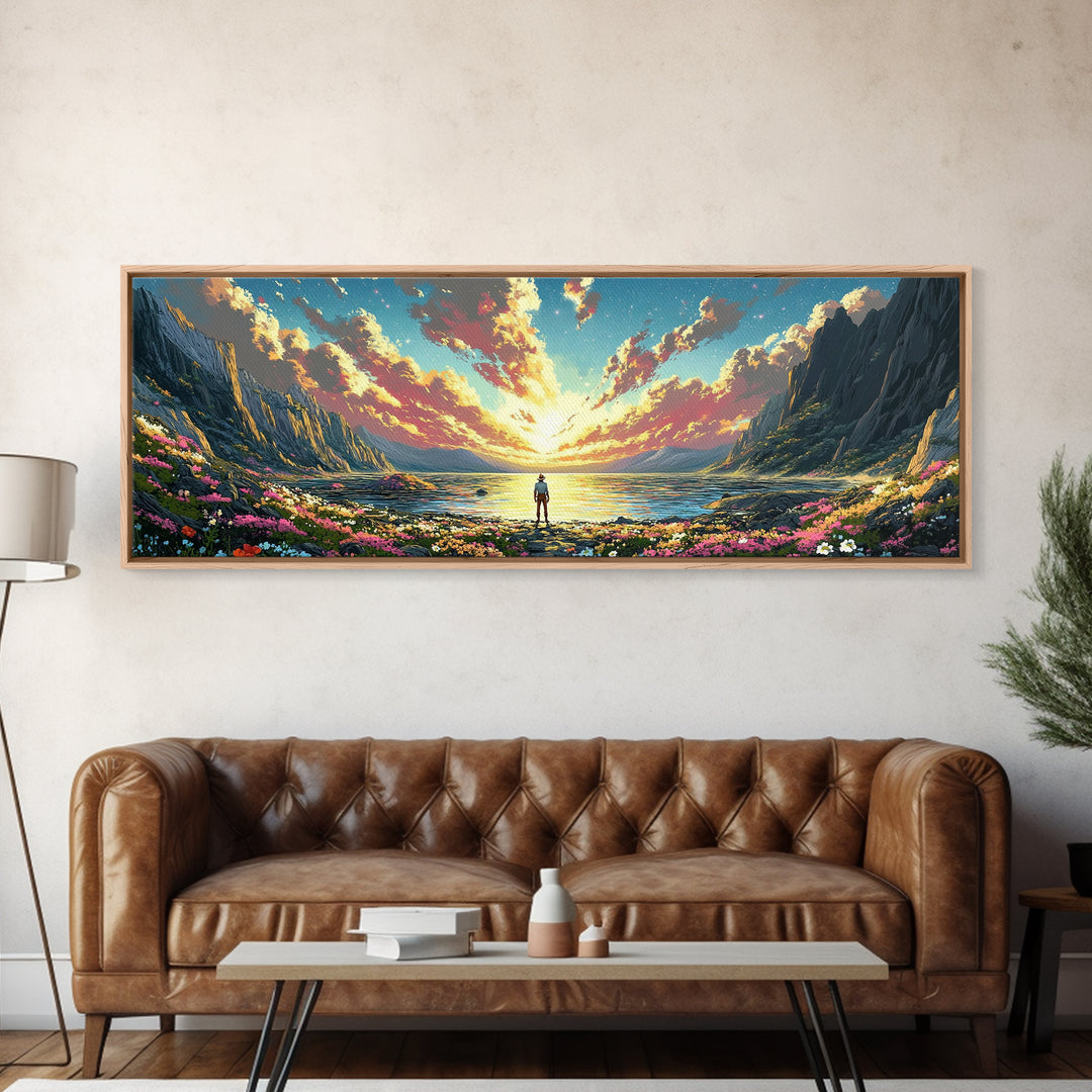 Lone Figure Beside Flowered Alpine Lake Wall Art, Panoramic Mountain Landscape Canvas Print For Bedroom Wall Decor Housewarming Gift
