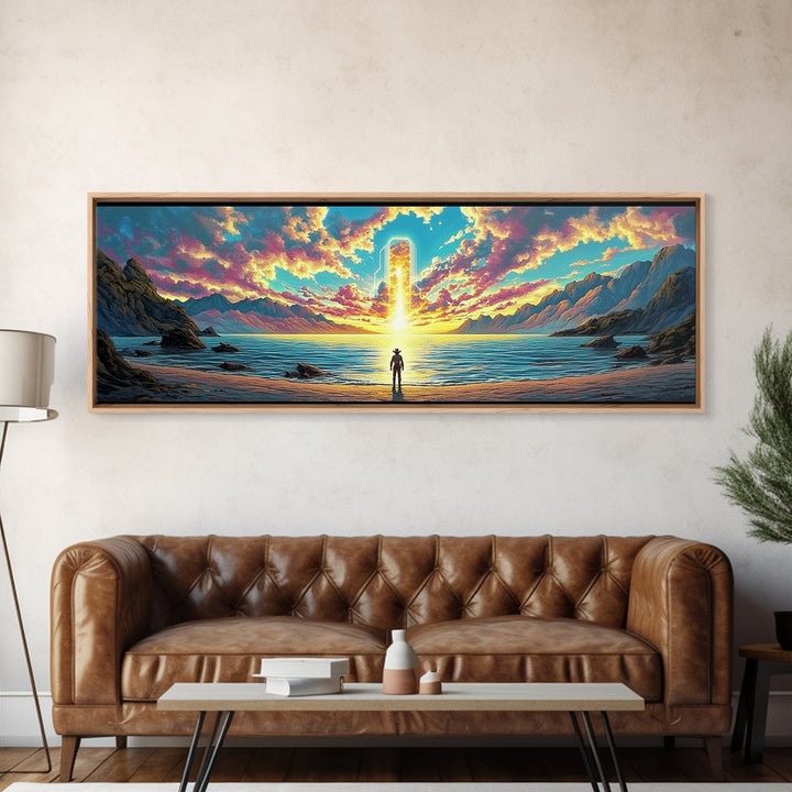 Glowing Portal Over Sunrise Ocean Shore Wall Art, Surreal Mountain Landscape Framed Canvas Print For Modern Living Room Decor