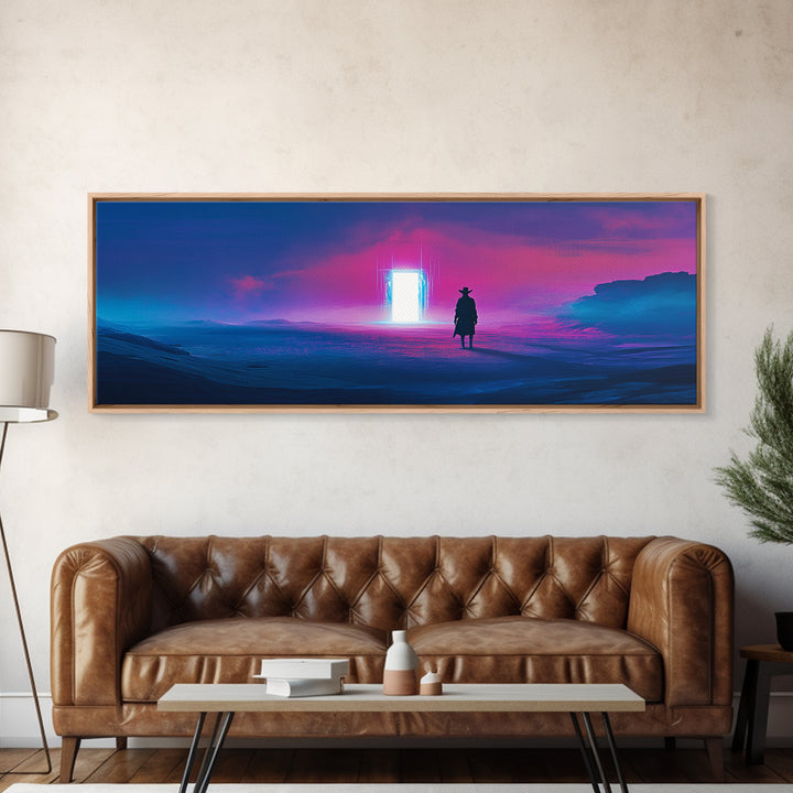 Cowboy Silhouette Facing Neon Ocean Portal Wall Art, Cyberpunk Western Landscape Canvas Print For Man Cave Wall Decor Gift