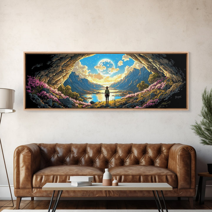 Adventurer In Moonlit Cave Opening Wall Art, Panoramic Alpine Lake Landscape Canvas Print For Fantasy Bedroom Decor Gift