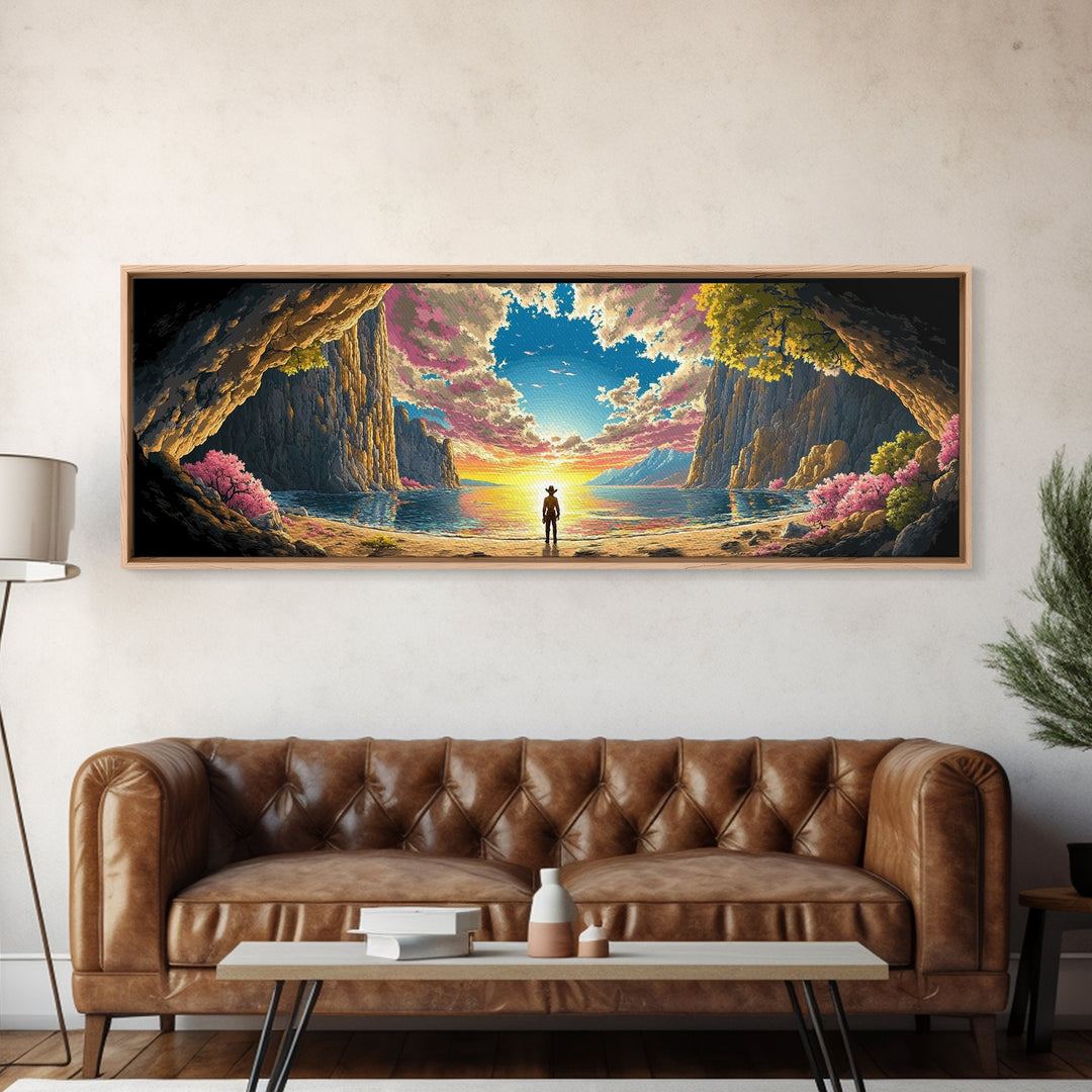 Lone Figure In Sunlit Coastal Cave Wall Art, Dramatic Panoramic Seascape Landscape Canvas Print For Beach House Living Room Decor Gift