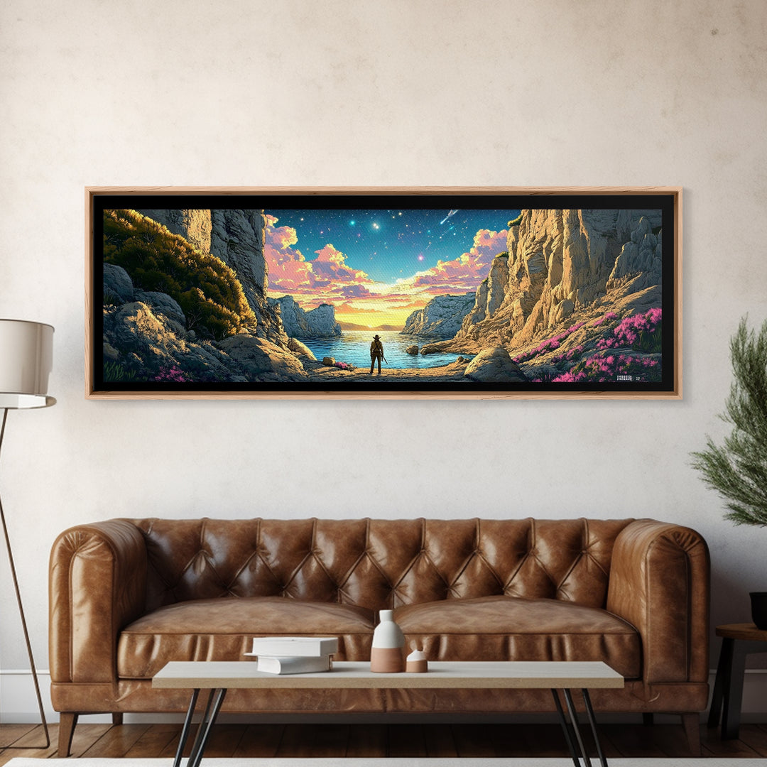 Explorer At Rocky Starlit Sea Cove Large Wall Art, Panoramic Coastal Landscape Canvas Print For Living Room Wall Decor Gift