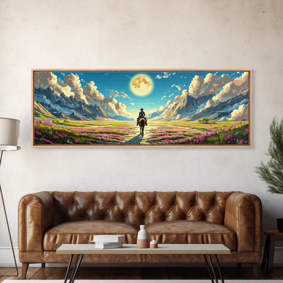 Cowboy Riding Through Moonlit Flower Valley Wall Art, Western Mountain Landscape Framed Canvas Print For Rustic Home Decor Gift