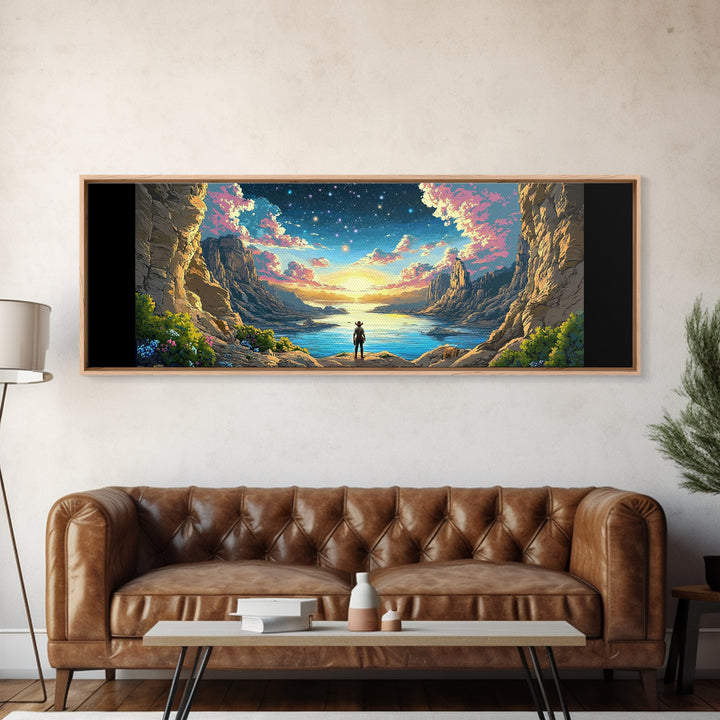 Starry Canyon Lake Cowboy Wall Art, Western Landscape Canvas Print, Sci Fi Desert Decor, Panoramic Living Room Art, Home Decor