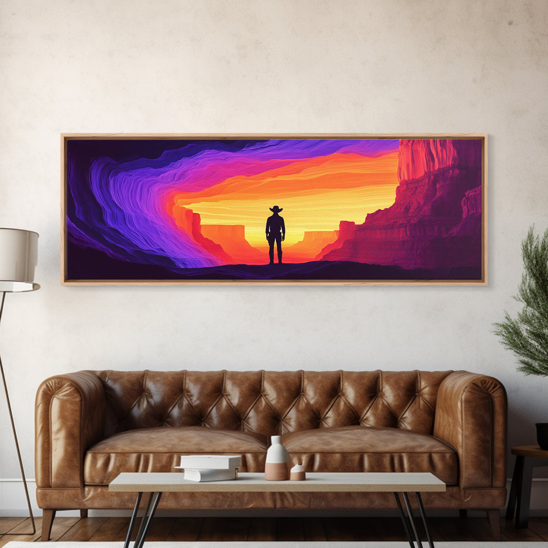 Neon Sunset Cowboy Canyon Wall Art, Western Desert Canvas Print, Vibrant Southwestern Decor, Panoramic Man Cave Art, Home Decor
