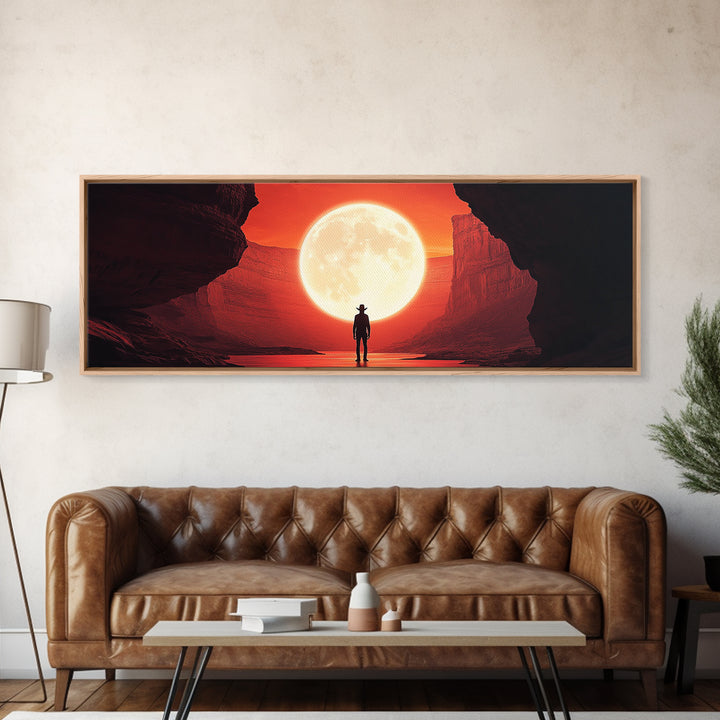 Full Moon Cowboy Cave Wall Art, Red Desert Framed Canvas Print, Western Sci Fi Decor, Panoramic Bedroom Wall Decor, Home Decor
