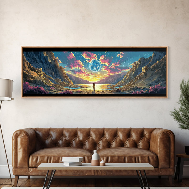 Alien Moon Mountain Valley Wall Art, Fantasy Landscape Canvas Print, Celestial Sci Fi Decor, Panoramic Living Room Art, Home Decor