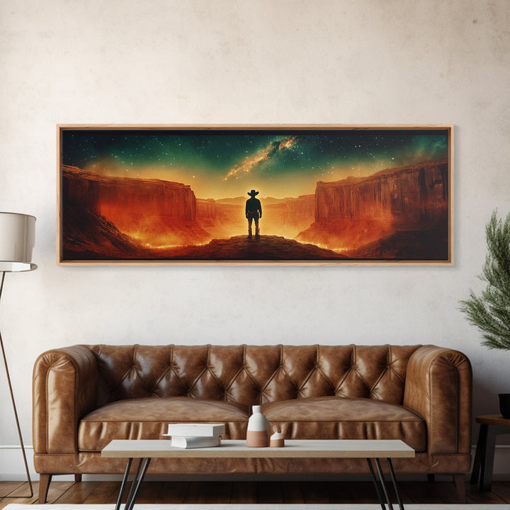 Milky Way Canyon Cowboy Wall Art, Western Desert Canvas Print, Sci Fi Night Sky Decor, Panoramic Office Decor Living Room Art