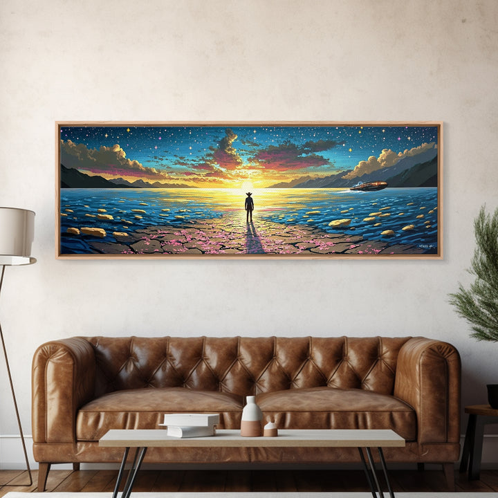 Starry Ocean Horizon Cowboy Wall Art, Coastal Sci Fi Canvas Print, Blue Seascape Decor, Panoramic Fantasy Landscape Art, Home Decor