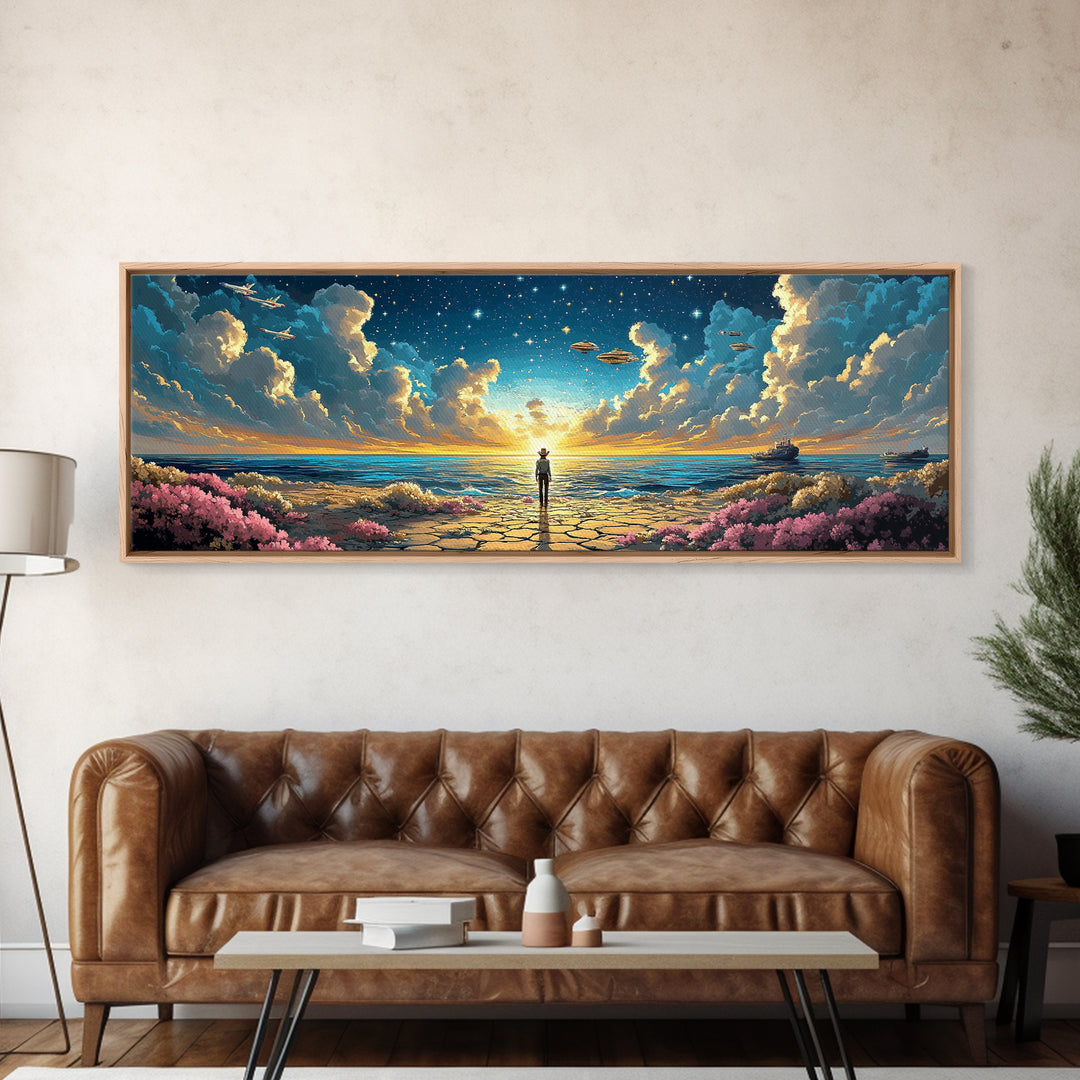 Ufo Seaside Sunrise Cowboy Wall Art, Coastal Sci Fi Canvas Print, Starry Ocean Decor, Panoramic Fantasy Living Room Art, Home Decor