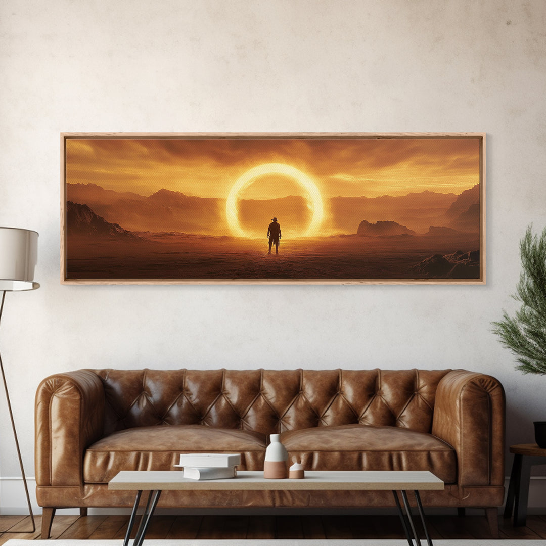 Golden Eclipse Cowboy Desert Wall Art, Western Sci Fi Canvas Print, Surreal Landscape Decor, Panoramic Living Room Art, Home Decor