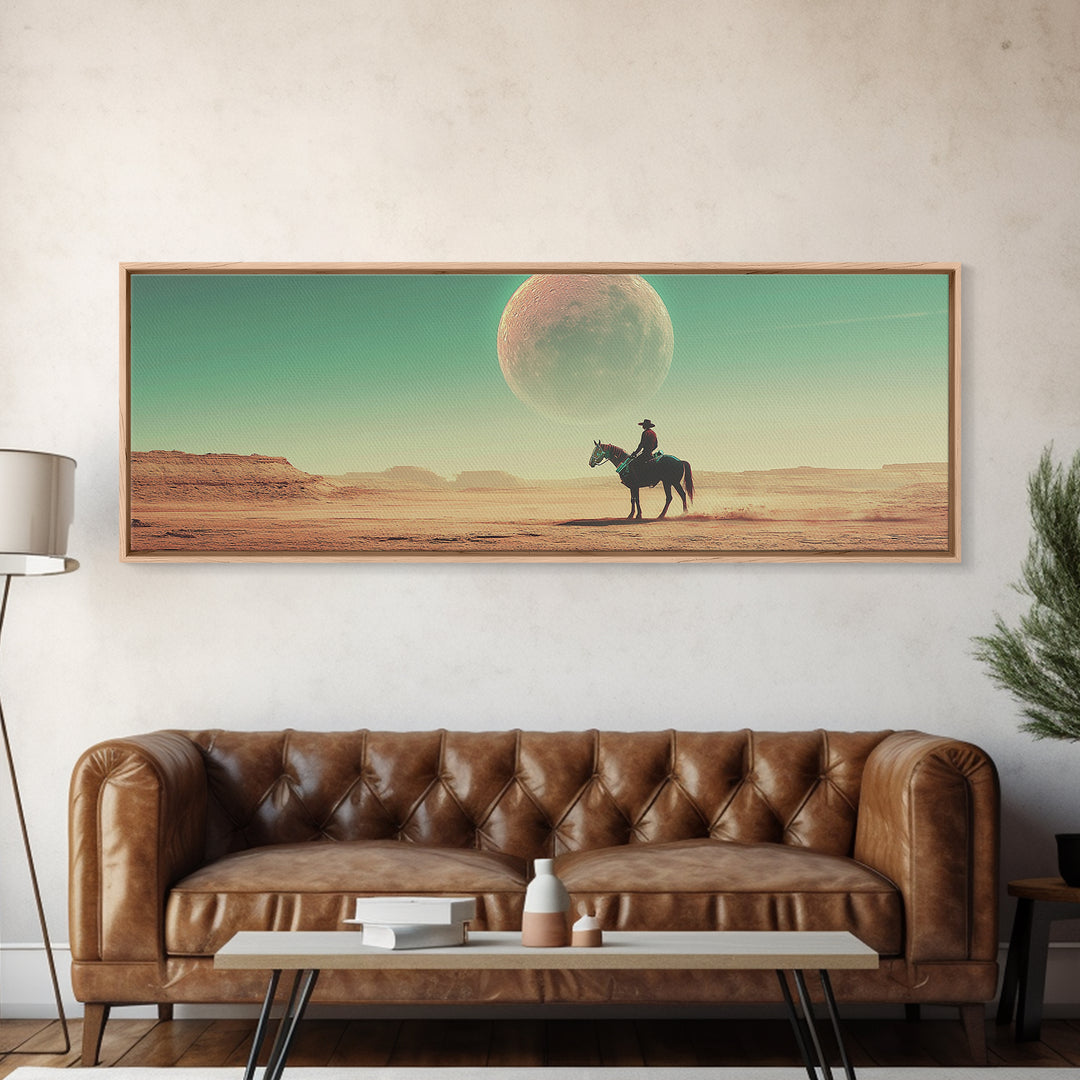 Lone Cowboy Under Giant Moon Wall Art, Western Desert Landscape Canvas, Panoramic Southwestern Decor, Living Room Decor, Gift For Him