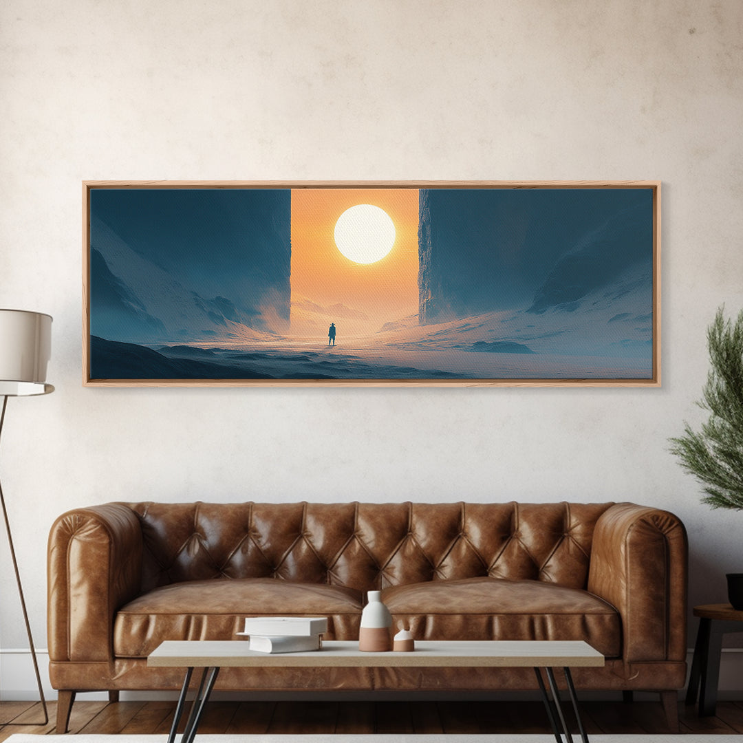 Solitary Figure Before Giant Sun Canvas Print, Futuristic Icy Landscape Wall Decor, Sci Fi Minimalist Art, Modern Office Decor