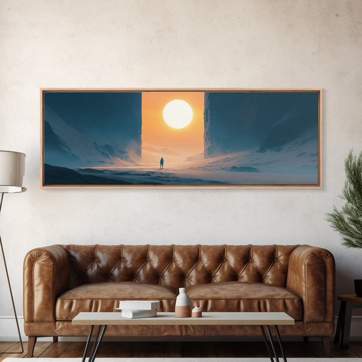 Solitary Figure Before Giant Sun Canvas Print, Futuristic Icy Landscape Wall Decor, Sci Fi Minimalist Art, Modern Office Decor