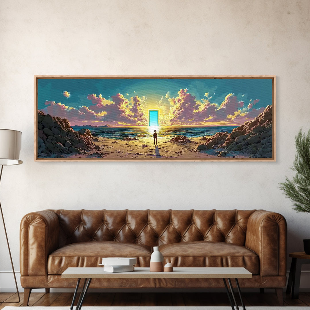 Glowing Doorway On Rocky Beach Wall Art, Surreal Ocean Sunset Canvas, Coastal Fantasy Decor, Mystical Living Room Art Print