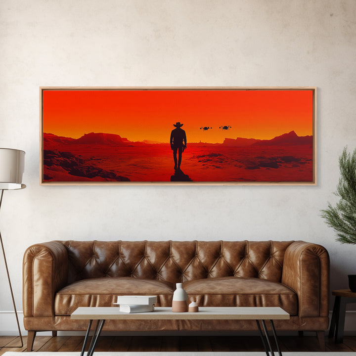 Cowboy Silhouette In Red Desert Sunset Wall Art, Western Sci Fi Landscape Canvas, Bold Southwestern Decor For Man Cave Wall Decor