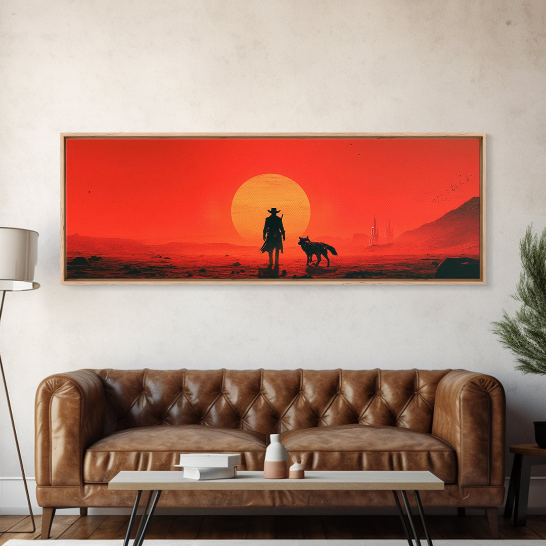 Red Sci Fi Cowboy And Dog Sunset Wall Art, Western Desert Landscape, Futuristic Dystopian Decor, Large Man Cave Gift Print