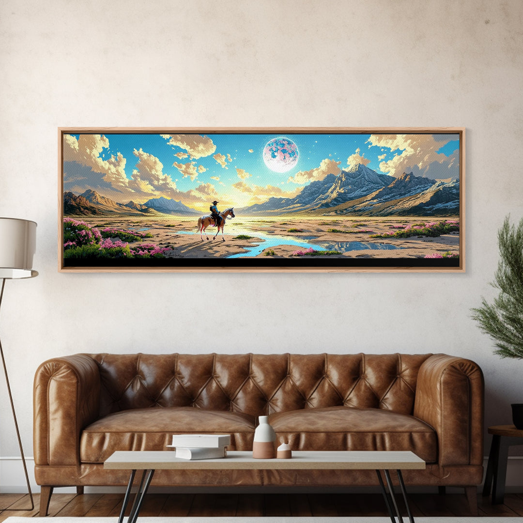 Lone Horse Rider Under Moon Canvas Print, Mountain Landscape Art, Western Wall Decor, Large Living Room Home Decor Gift Print