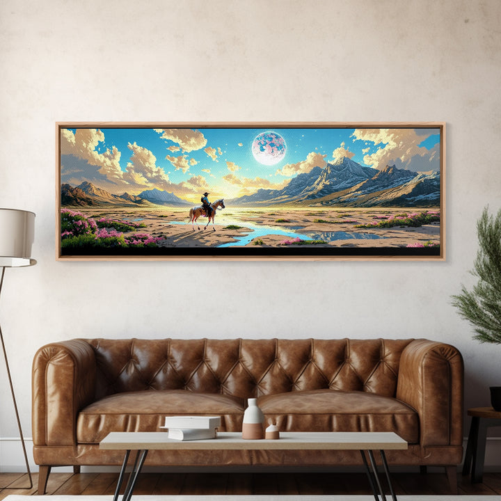 Lone Horse Rider Under Moon Canvas Print, Mountain Landscape Art, Western Wall Decor, Large Living Room Home Decor Gift Print