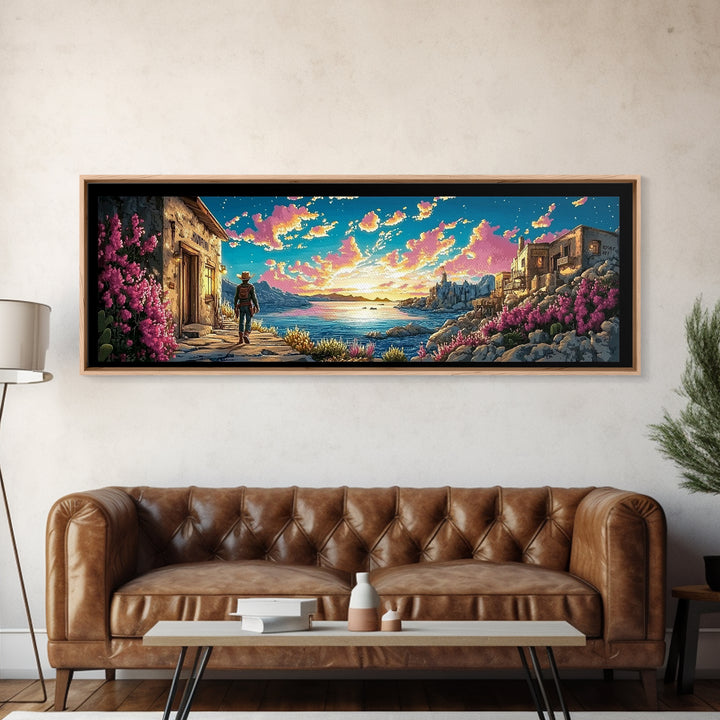 Cowboy Walking Through Coastal Village Wall Art, Mediterranean Seascape Print, Colorful Travel Poster, Living Room Decor