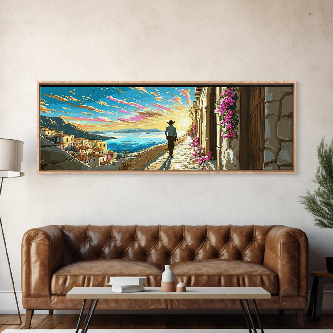 Sunlit Mediterranean Terrace Canvas Print, Coastal Village Wall Art, Italy Travel Poster, Beach House Living Room Decor Gift