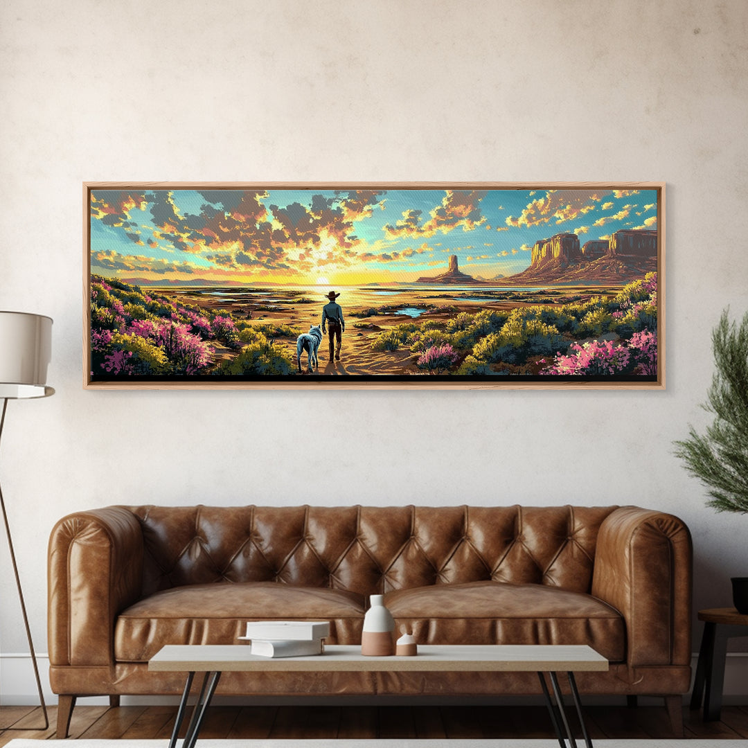 Cowboy And Dog Desert Sunset Framed Canvas Print, Western Landscape Art, Wildflower Wall Decor, Large Home Decor Gift Print