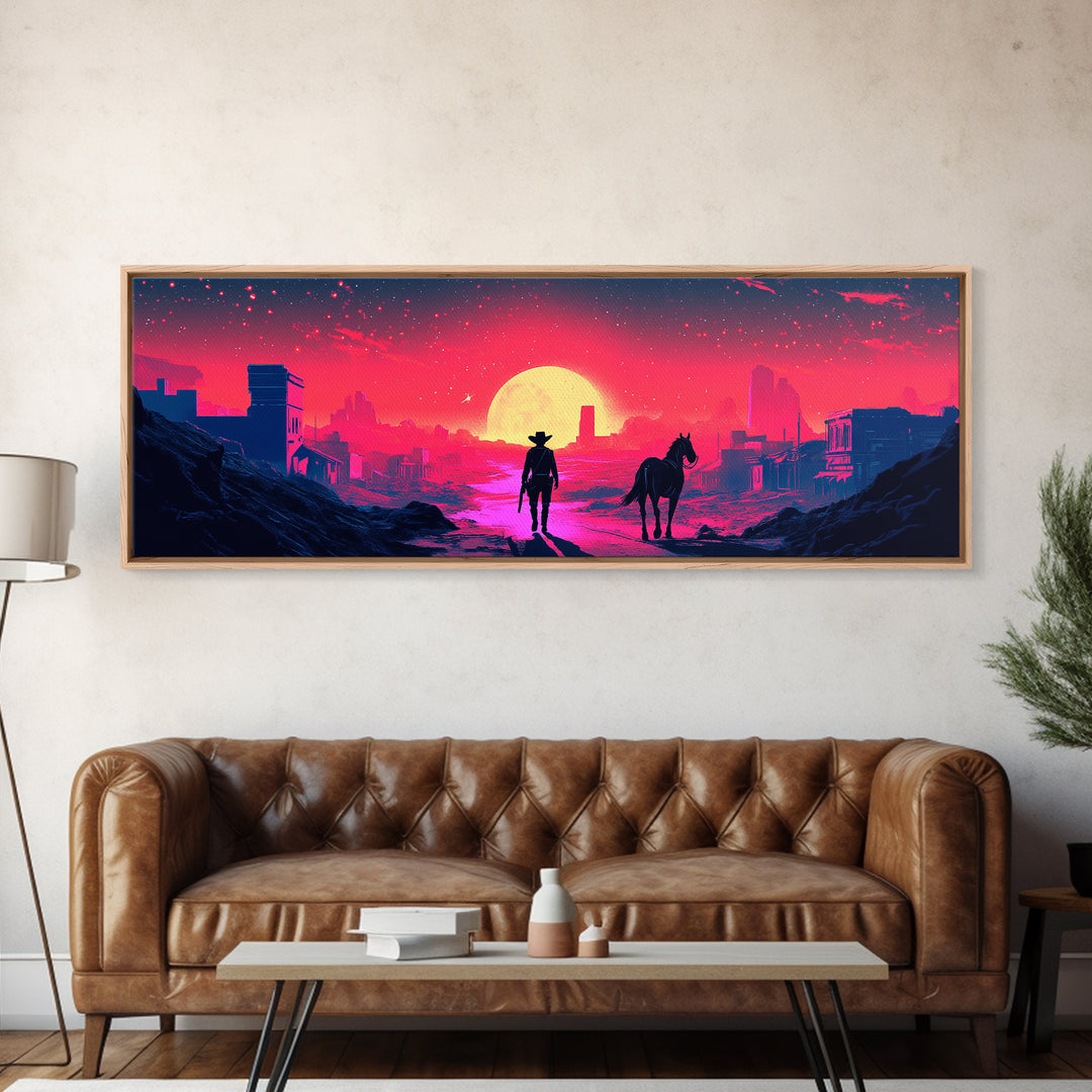 Neon Cowboy And Horse Dystopian City Wall Art, Cyberpunk Sunset Landscape, Sci Fi Poster, Large Gaming Room Decor Gift Print