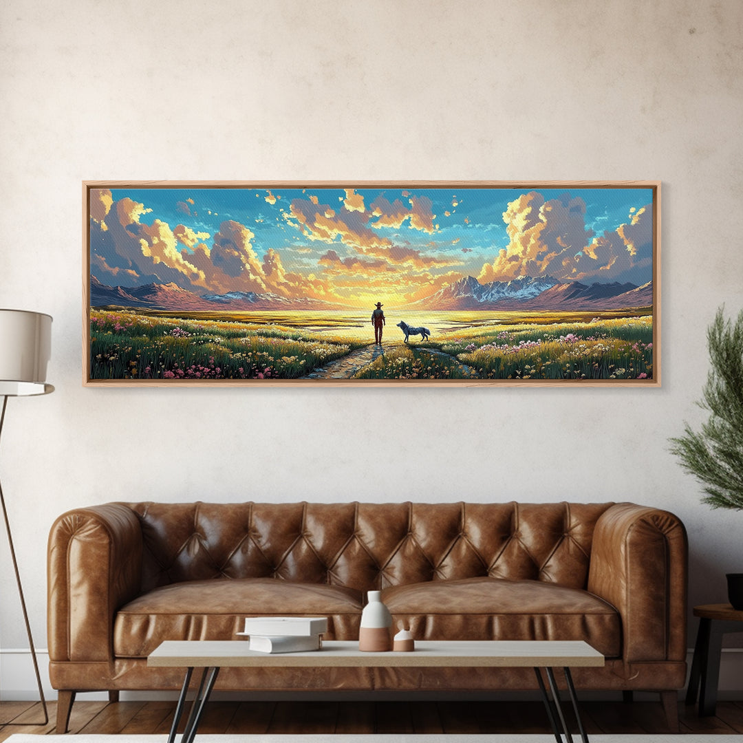 Lone Cowboy And Dog Wildflower Prairie Canvas Print, Mountain Landscape Wall Art, Western Home Decor, Housewarming Gift Print