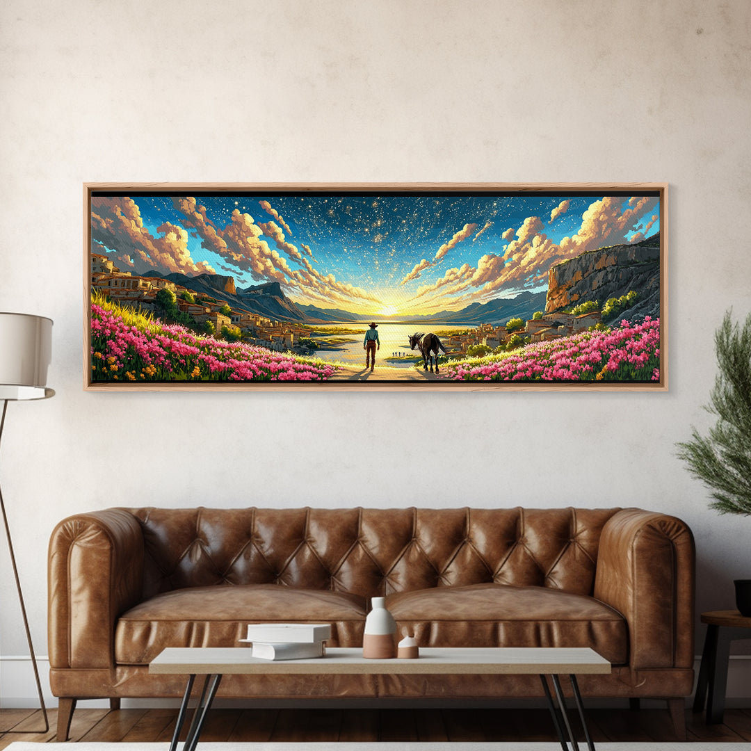 Starry Coastal Valley Rider Wall Art, Horse And Wildflower Landscape, Mediterranean Travel Poster, Large Living Room Decor