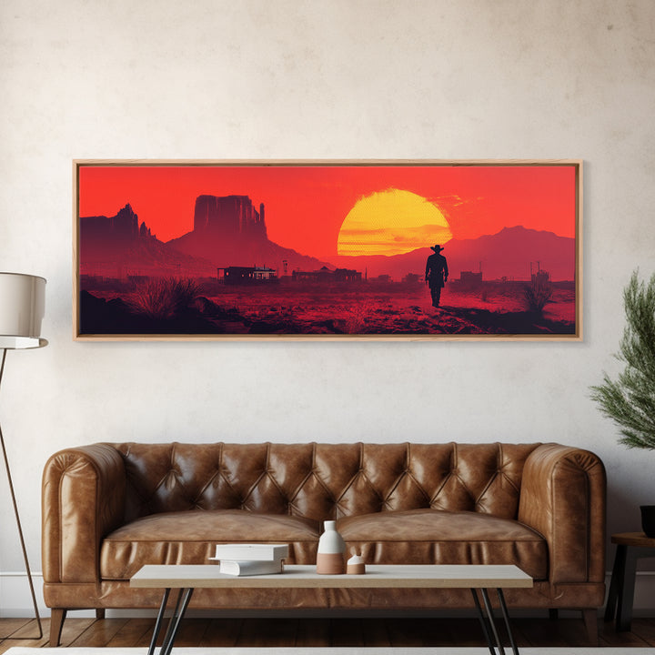 Red Western Cowboy Sunset Canvas Print, Desert Mesa Landscape Wall Art, Rustic Southwest Decor, Large Man Cave Gift Print