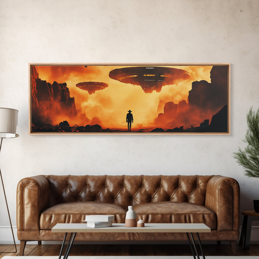 Cowboy Facing Giant UFOs Framed Canvas Print, Sci Fi Desert Canyon Wall Art, Dystopian Western Poster, Man Cave Decor Gift Print
