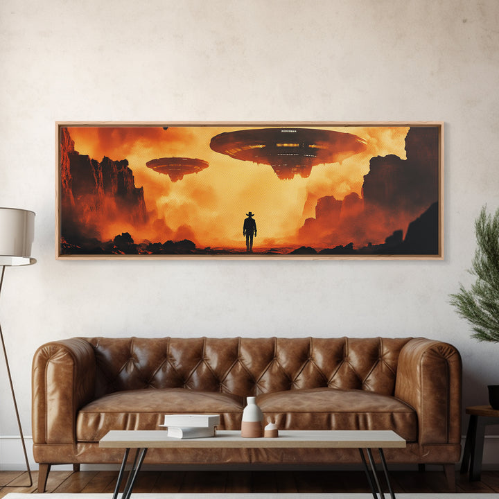 Cowboy Facing Giant UFOs Framed Canvas Print, Sci Fi Desert Canyon Wall Art, Dystopian Western Poster, Man Cave Decor Gift Print