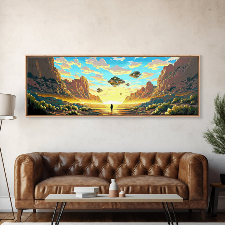 Alien Canyon Explorer With UFOs Canvas Print, Panoramic Sci Fi Desert Landscape Wall Art For Gaming Room Decor And Office Decor