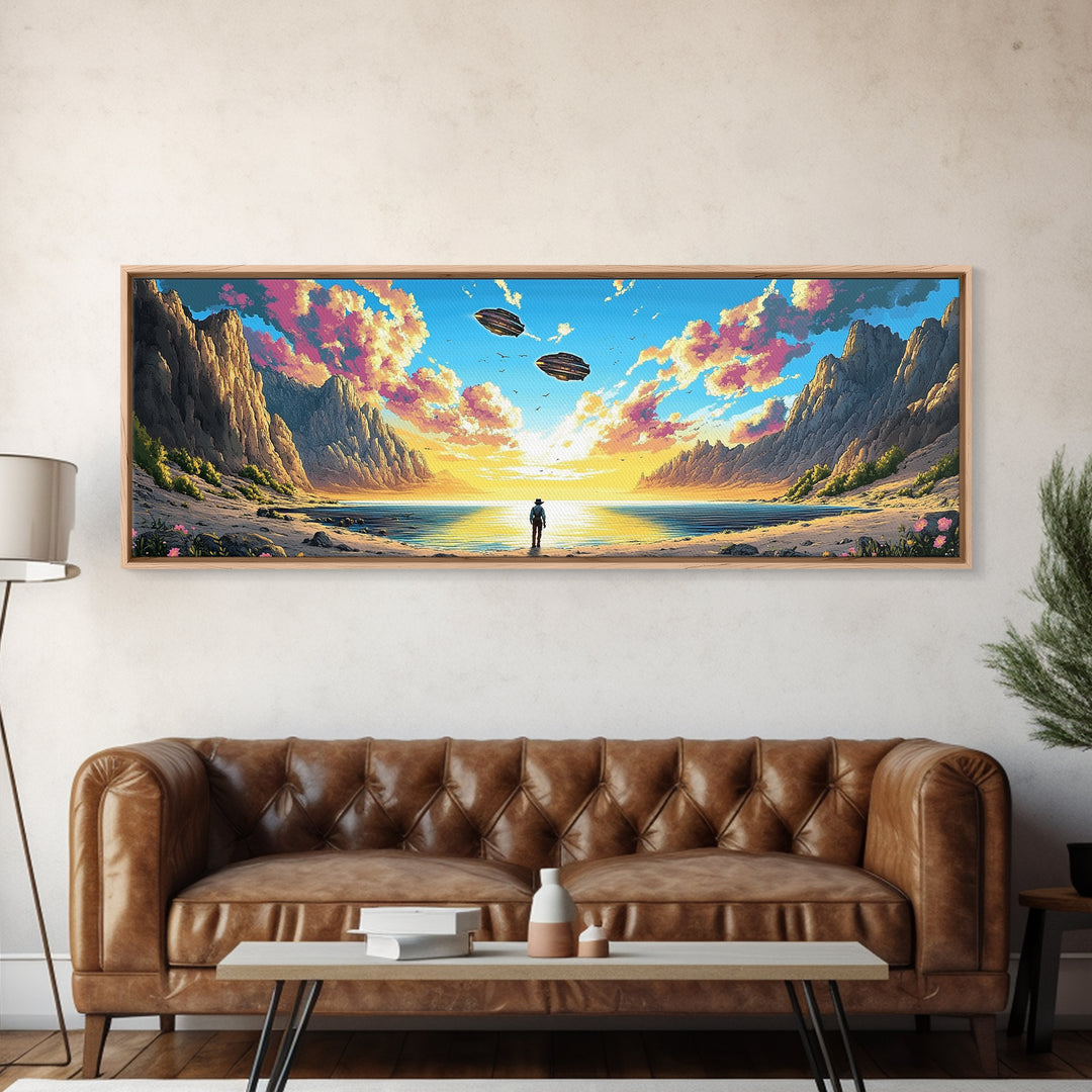 Pastel Alien Coast With UFOs Framed Canvas Print, Panoramic Sci Fi Ocean Landscape Wall Art For Beach House Decor And Living Room Decor